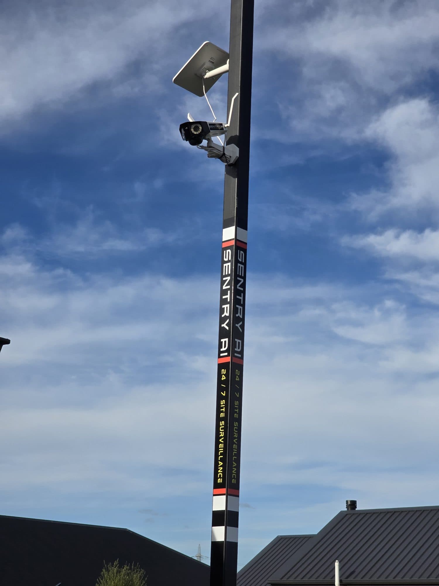 Close up of the SentryAI camera head and antenna mounted on a Sentry Tower