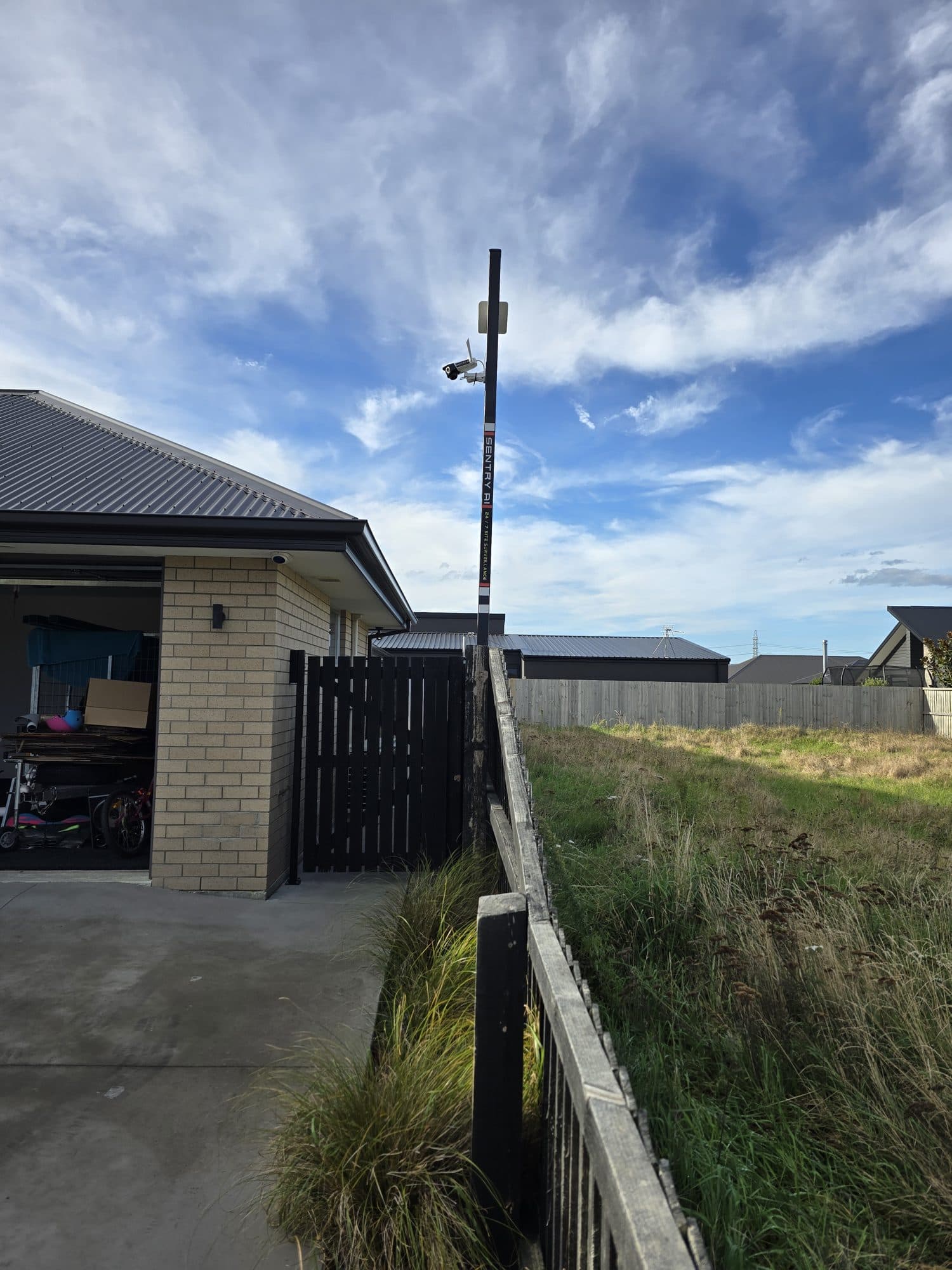 A SentryAI Sentry Tower installed on a residential building site in Canterbury, New Zealand
