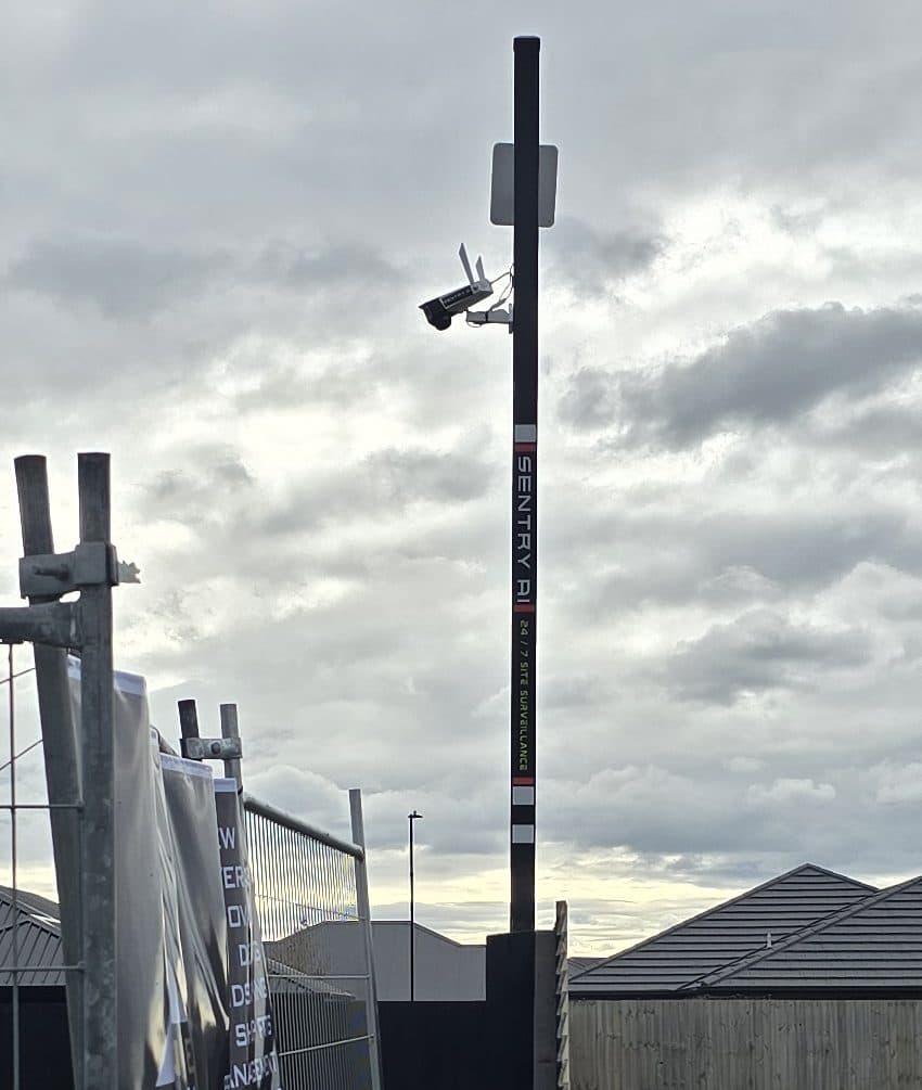 A Sentry Tower against an overcast Canterbury sky on an active construction site